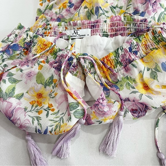 Floral Tassel Tie Mini Dress Multicolored Sheer Lined Tiered Shimmery - Picture 11 of 14